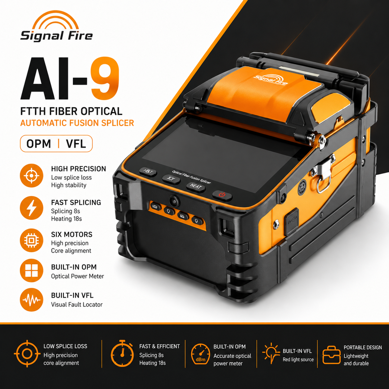 FO - Signal Fire AI-9 FTTH Fiber Optical Automatic Fusion Splicer OPM VFL