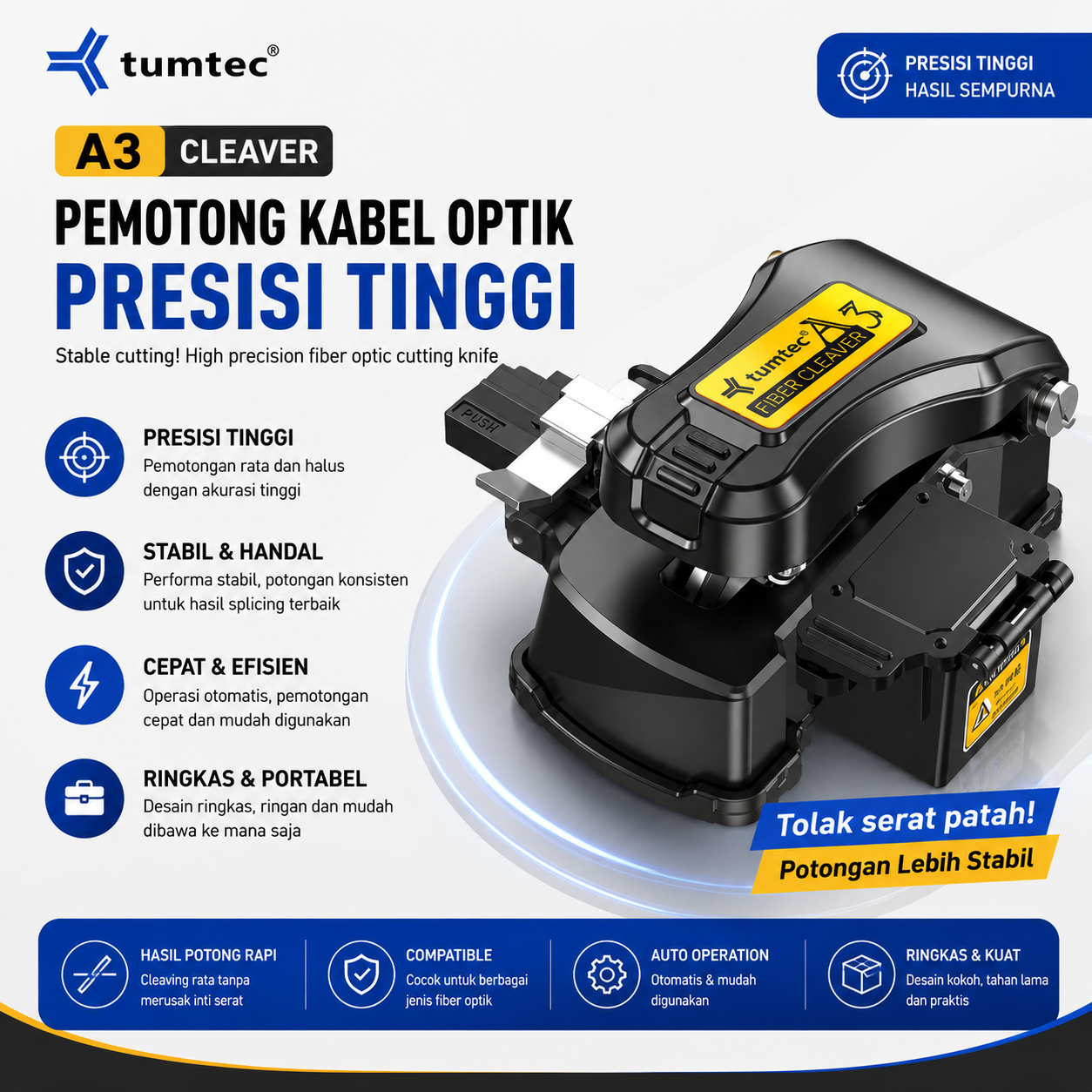 FO - TUMTEC A3 Cleaver Fiber Optic Automatic High Precision Pemotong Kabel Optik Otomatis