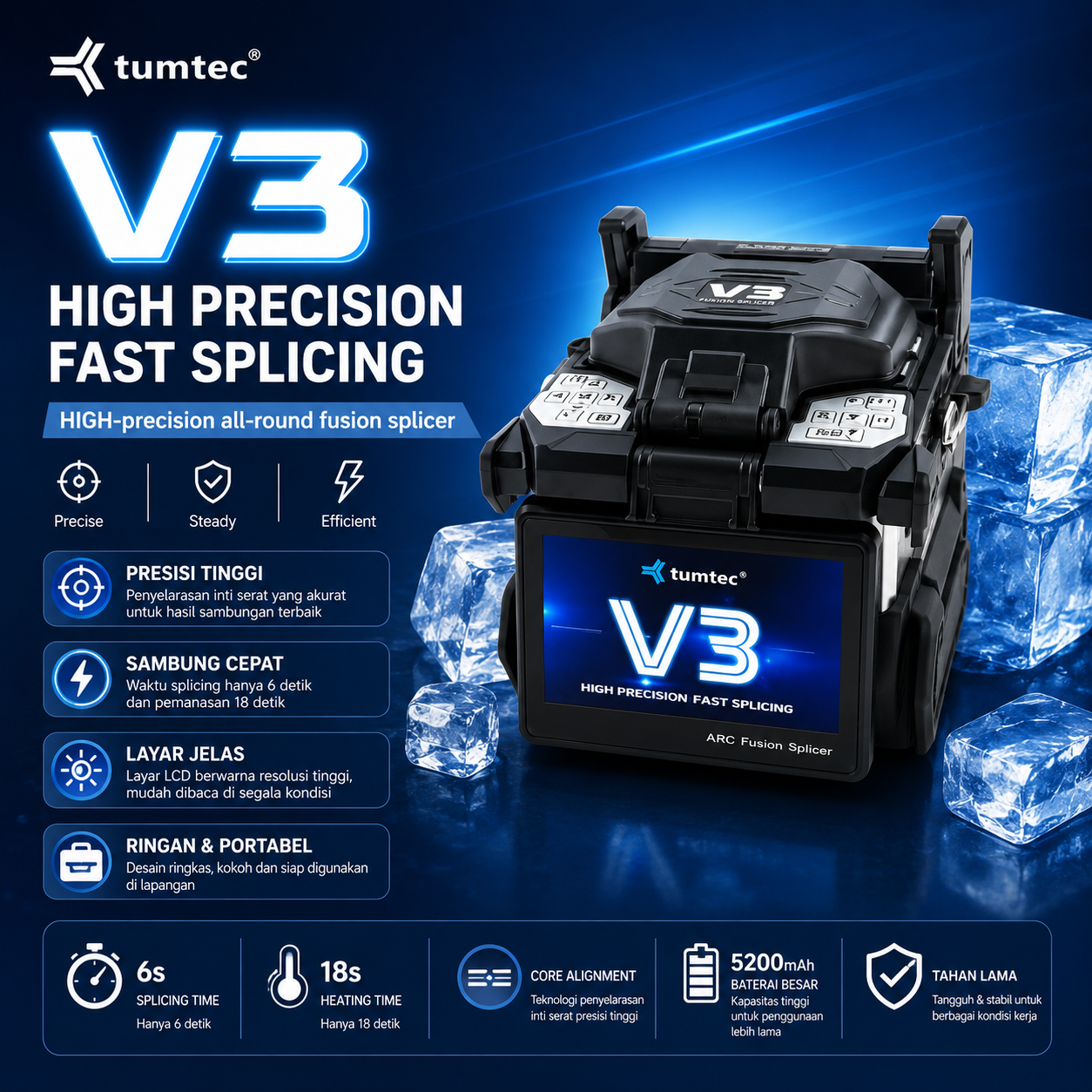 FO TUMTEC V3 Fusion Splicer Fiber Optic – Alat Penyambung Kabel Optik Presisi Tinggi