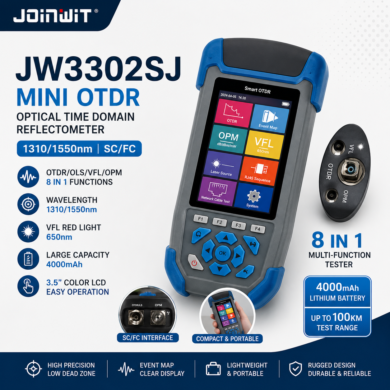 FO - Joinwit Mini OTDR JW3302SJ 1310/1550 SC/FC Optical Time Domain Reflectometer Cable Tester Alat Ukur Kabel Optik FO