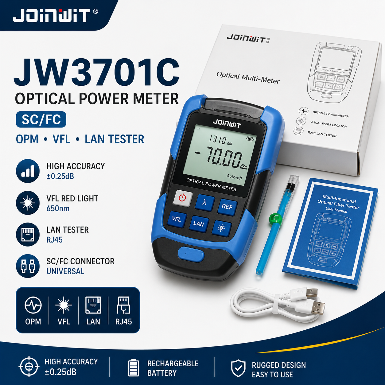 FO - Joinwit JW3701C SC/FC Optical Power Meter OPM VFL LAN Tester Alat Ukur Kabel Fiber Optik FO JW3701