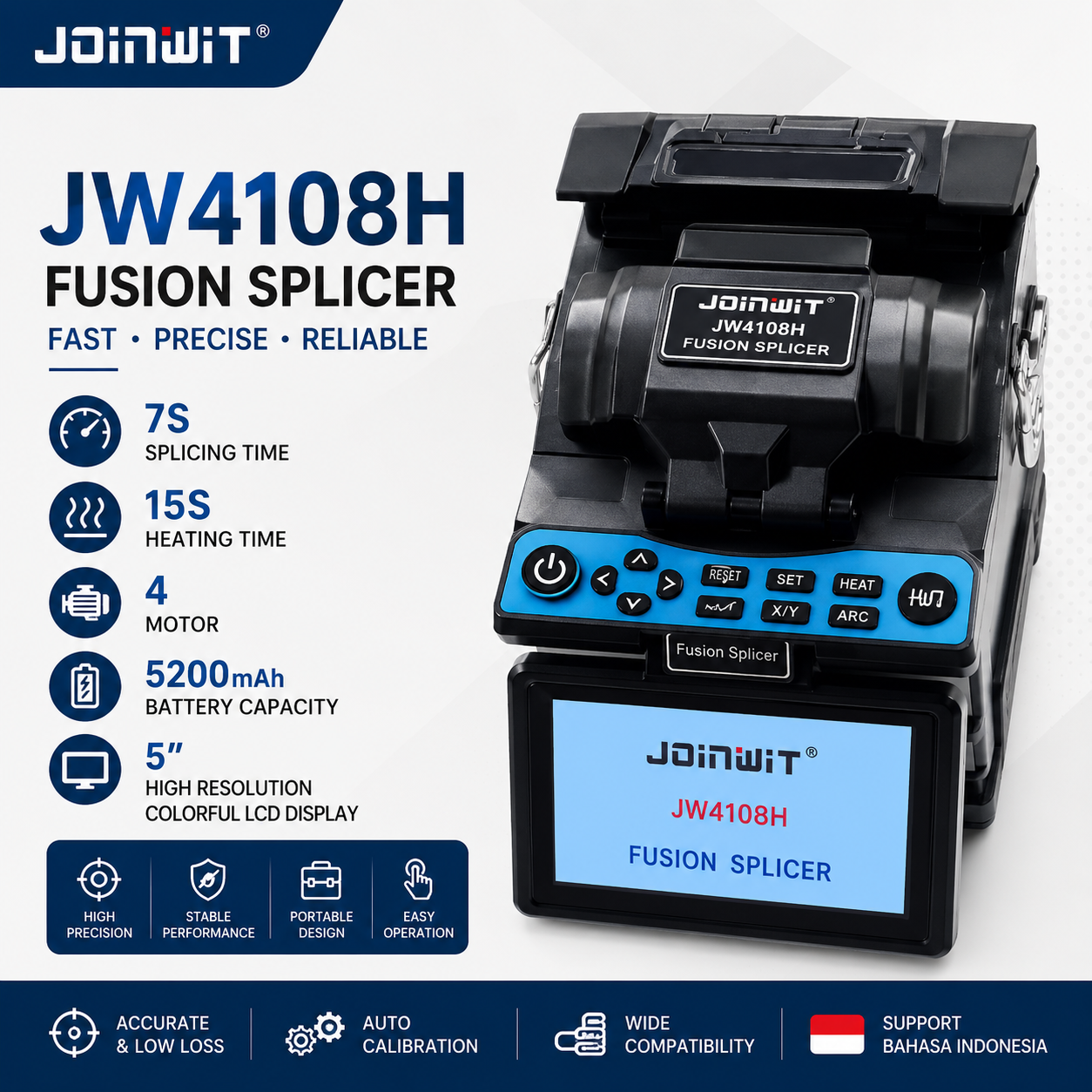 JOINWIT JW4108H Fusion Splicer 7s Splicing 15s Heating 4 Motor FTTH Fibre Welding FO