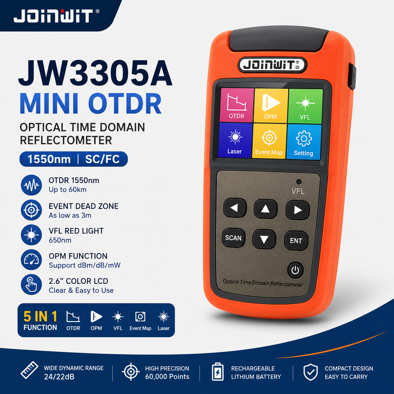 FO - Joinwit Mini OTDR JW3305A 1550 SC-FC Optical Time Domain Reflectometer Cable Tester Alat Ukur Kabel Optik FO