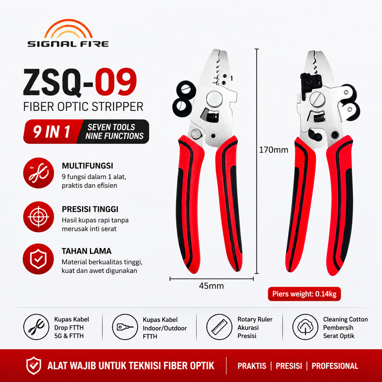 FO. ZSQ-09 Signal Fire Fiber Optic Stripper 9 in 1 Tang Pengupas Kabel Optik FO