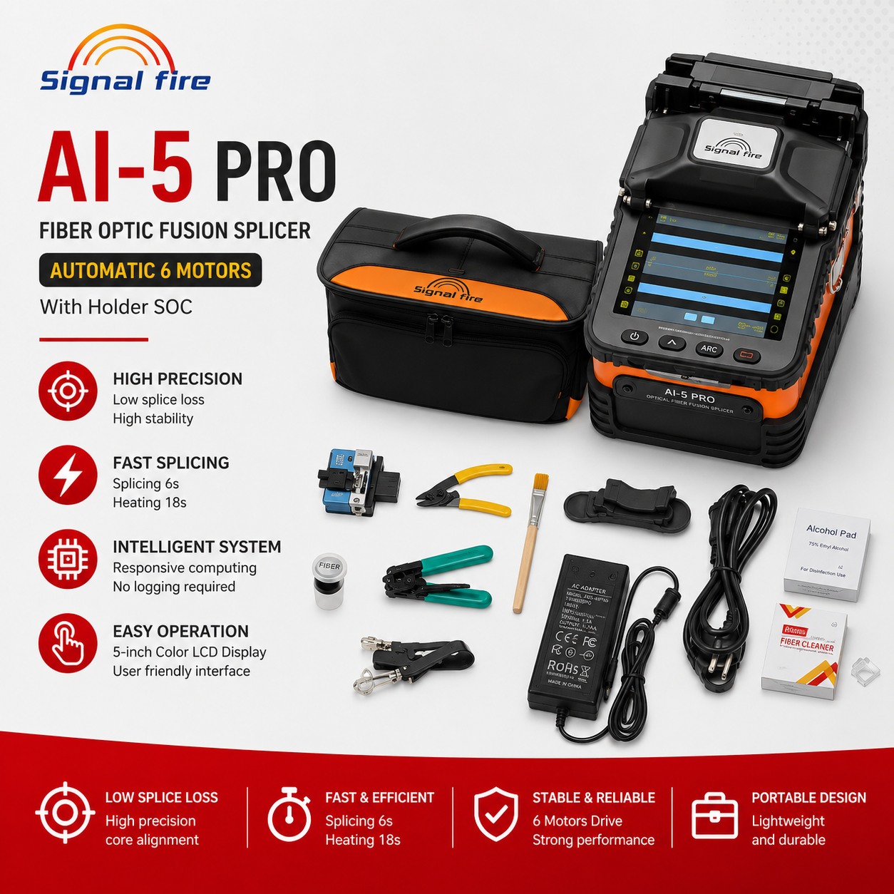 FO - Signal Fire AI-5 Pro Splicer Automatic 6 motors FTTH Fiber Optic with Holder SOC Penyambung Kabel Optik