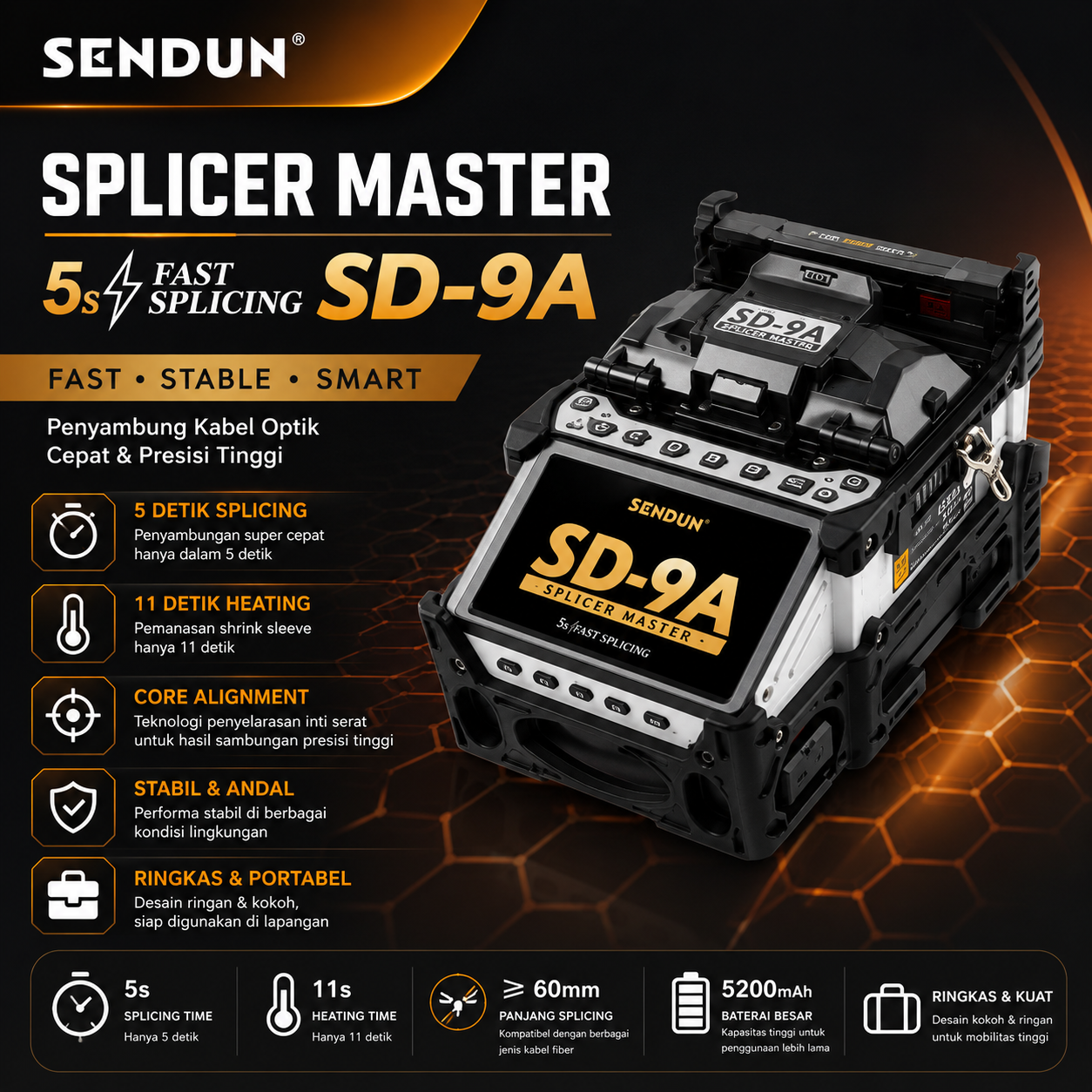 FO - SENDUN SD-9A Fusion Splicer Fiber Optic Fast Splicing Penyambung Kabel Optik