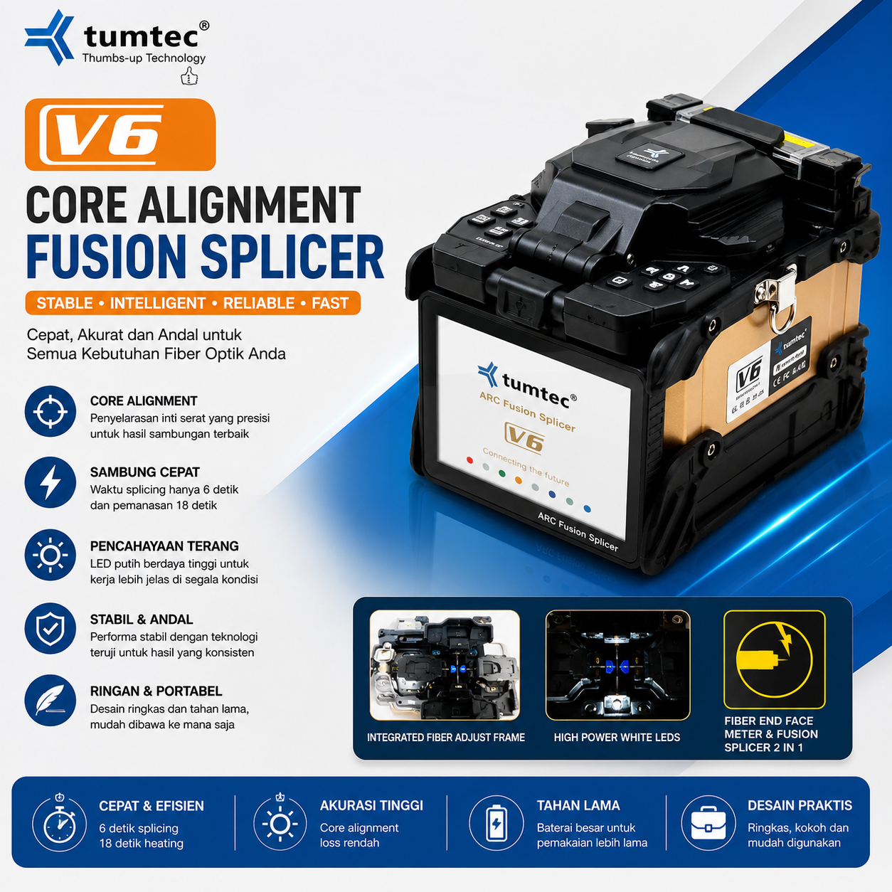 FO Fusion Splicer TUMTEC V6 – Mesin Penyambung Kabel Fiber Optic Cepat & Akurat